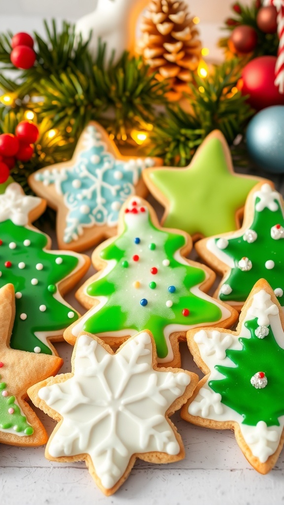 Decorative Christmas sugar cookies in festive shapes with colorful icing and sprinkles.